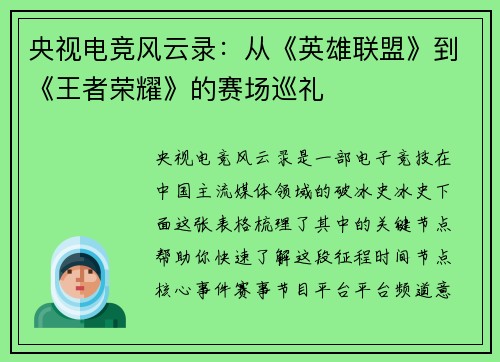 央视电竞风云录：从《英雄联盟》到《王者荣耀》的赛场巡礼 